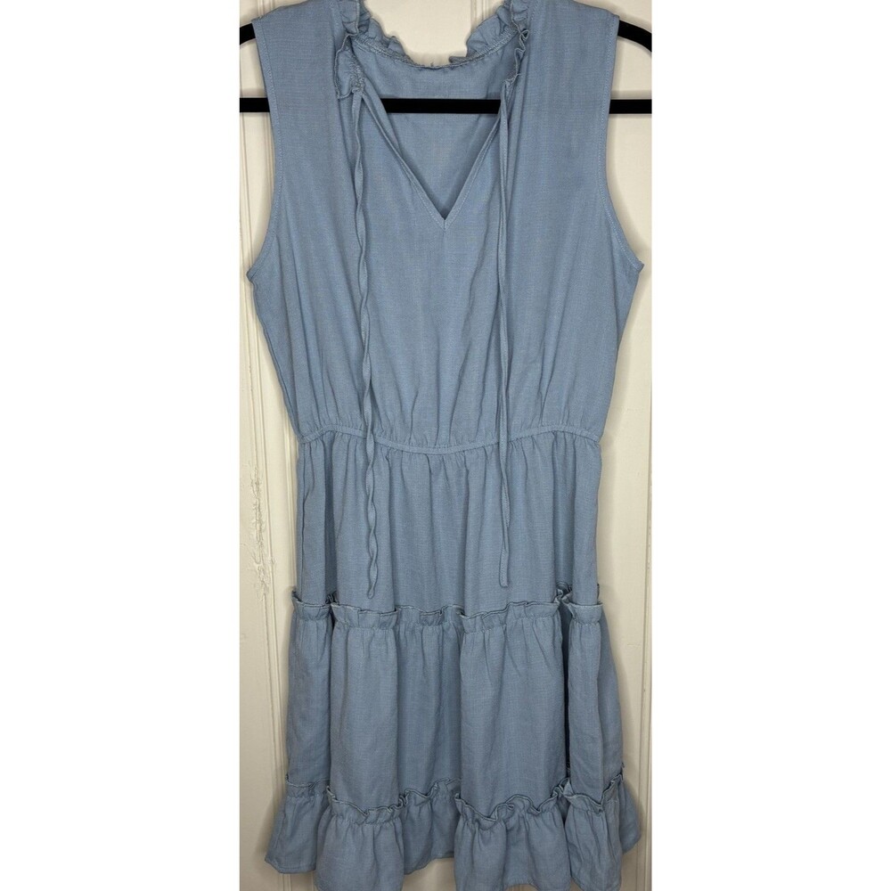 New Med Ruffled Blue Mini Dress Coverup V-Neck Vacation Beach Cottage Flowy Airy
